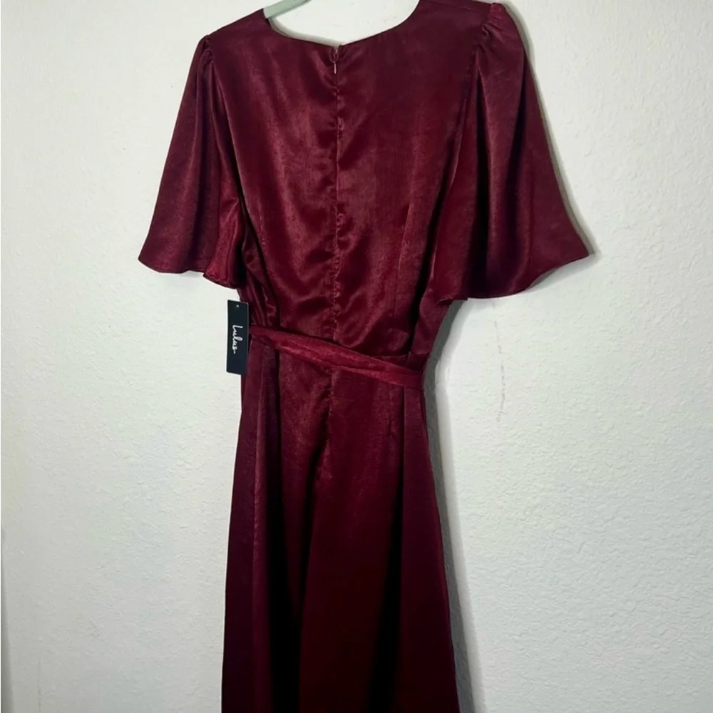 NWT Lulus Burgundy Satin Faux-Wrap Midi Dress - Picture 6 of 10